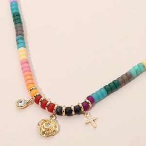 Flower Cross Teardrop Stone Cluster Charm Multi Color Beaded Necklace